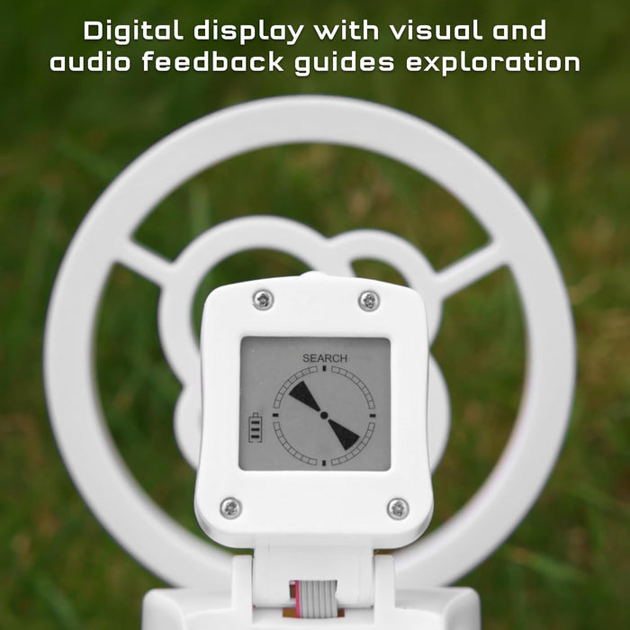 Close-up of a white digital display for a metal detector showing a circular search interface and battery icon.