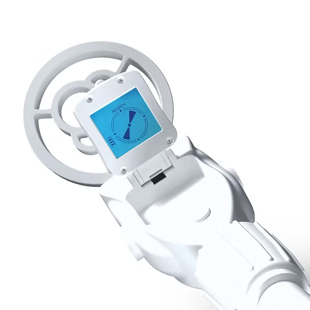White plastic toy metal detector featuring a blue digital screen with a radar-like search display.