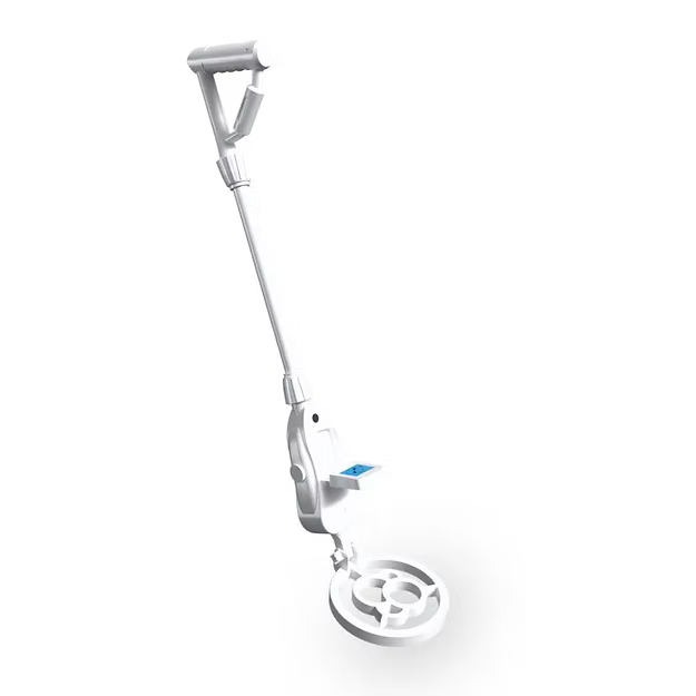White toy metal detector with a triangular handle, long shaft, small blue screen, and a circular search coil.