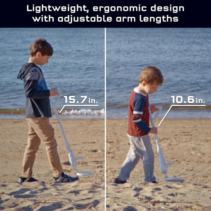 Two boys on a beach use a white toy metal detector with adjustable arm lengths of 15.7 and 10.6 inches.