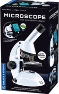White microscope with smartphone adapter on black box, featuring 600x power callout and Thames & Kosmos branding.
