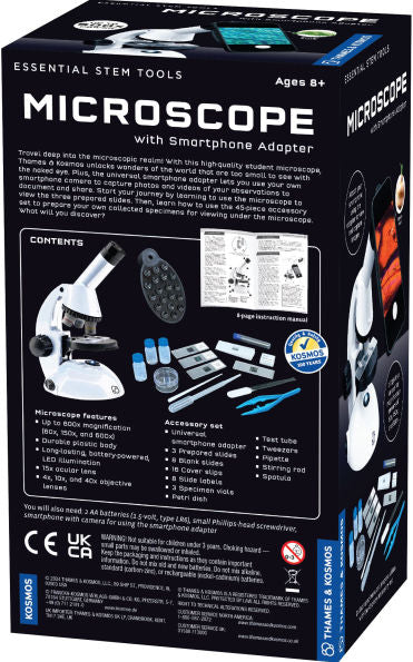 Thames & Kosmos microscope kit in a black box, featuring a white microscope, smartphone adapter, and lab tools.