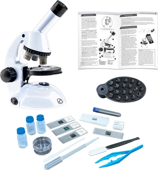 White and black microscope kit with manual, smartphone adapter, slides, test tube, pipettes, and blue tweezers.