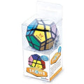 Multi-colored 12-sided twisty puzzle keychain in clear retail packaging with white and orange Mini Skewb branding.