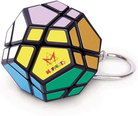 Colorful dodecahedron twisty puzzle with black frame, brand logo, and an attached silver metal keychain ring.