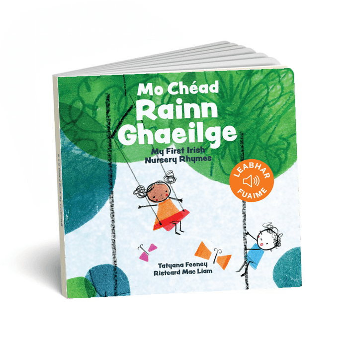 Square board book with green illustrations of children playing and an orange circular sound book icon.