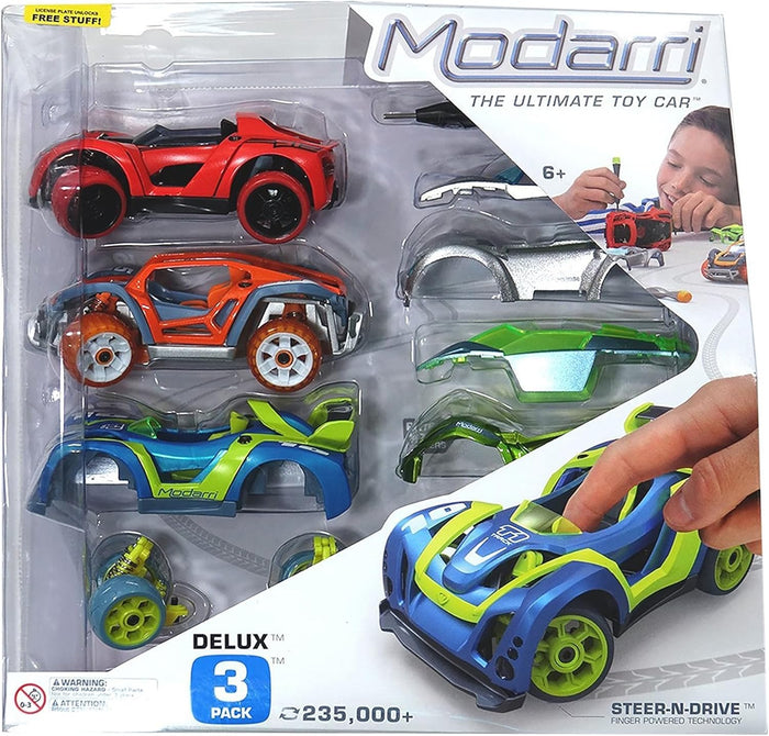 Clear box of red, orange, and blue modular toy cars with extra interchangeable shells and assembly tools.