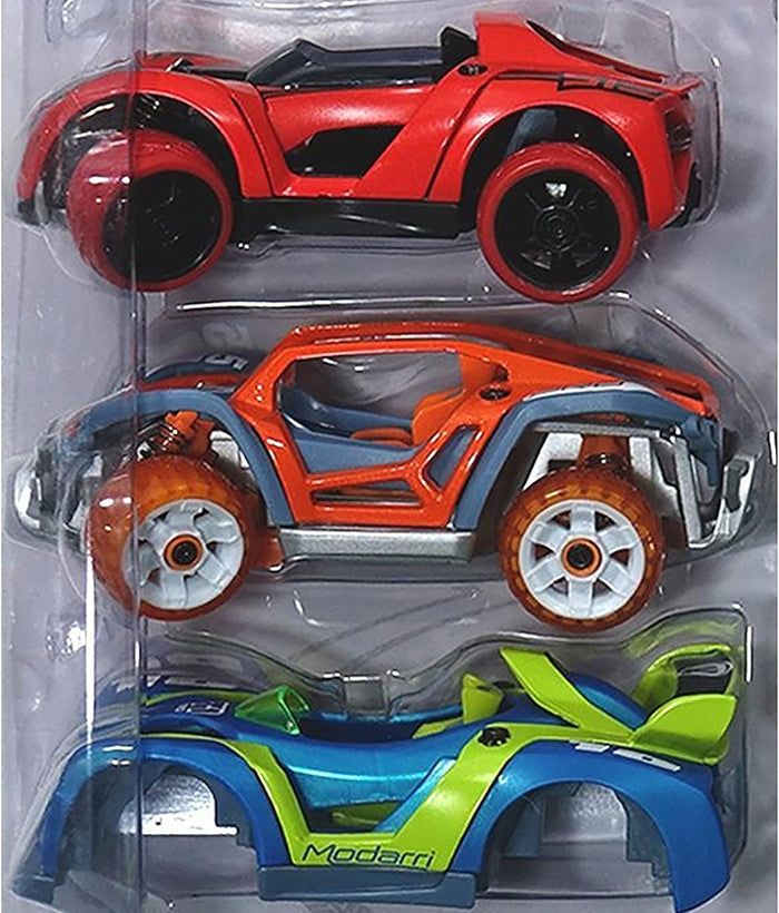 Three toy cars in clear packaging: a red sports car, an orange off-road buggy, and a blue and lime green racer.