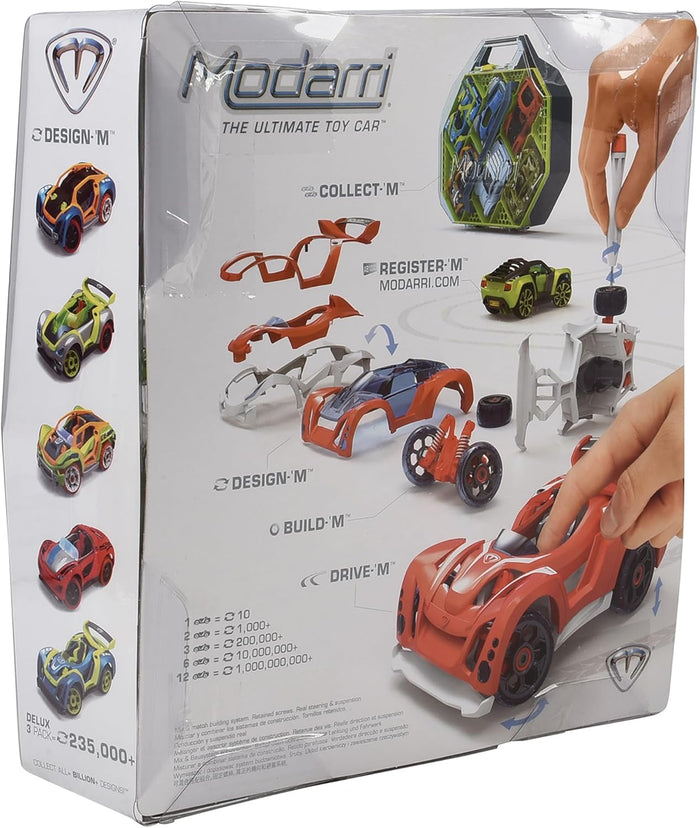 Back of white toy box showing red modular parts, assembly steps, and various colorful car models like blue and green.