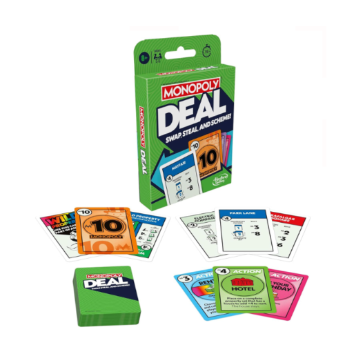 Green Monopoly Deal card game box with property, action, and money cards spread out on a white background.