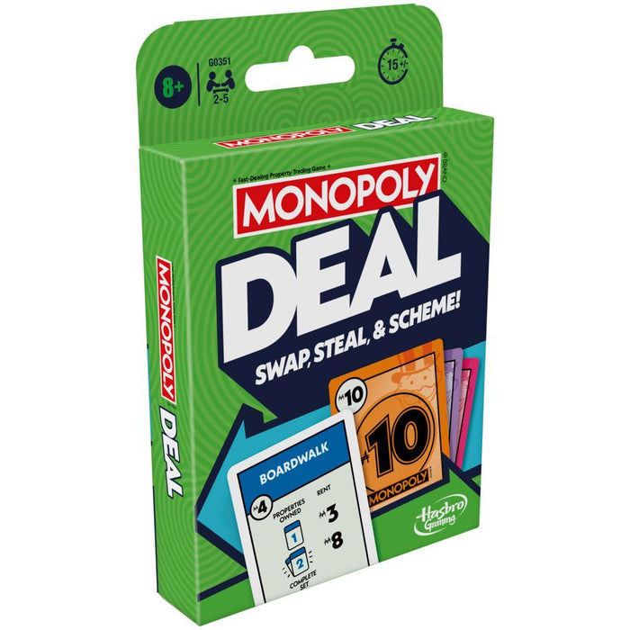 Green Monopoly Deal card game box with Boardwalk and money cards, age 8+ icon, and Hasbro Gaming logo.
