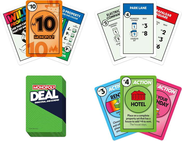 Monopoly Deal card game box with colorful action, money, and property cards including Park Lane and a Hotel.
