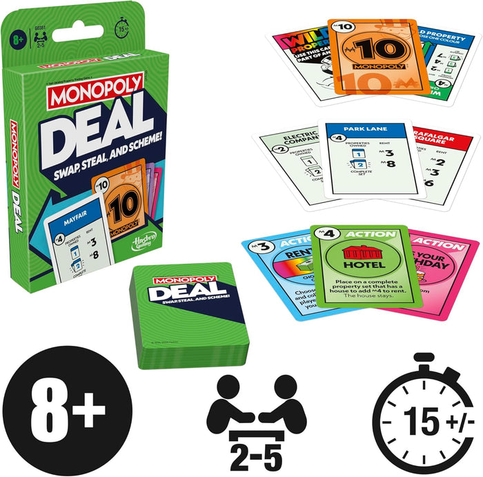 Green Monopoly Deal box, deck, and colorful cards with icons for age 8+, 2-5 players, and 15-minute playtime.