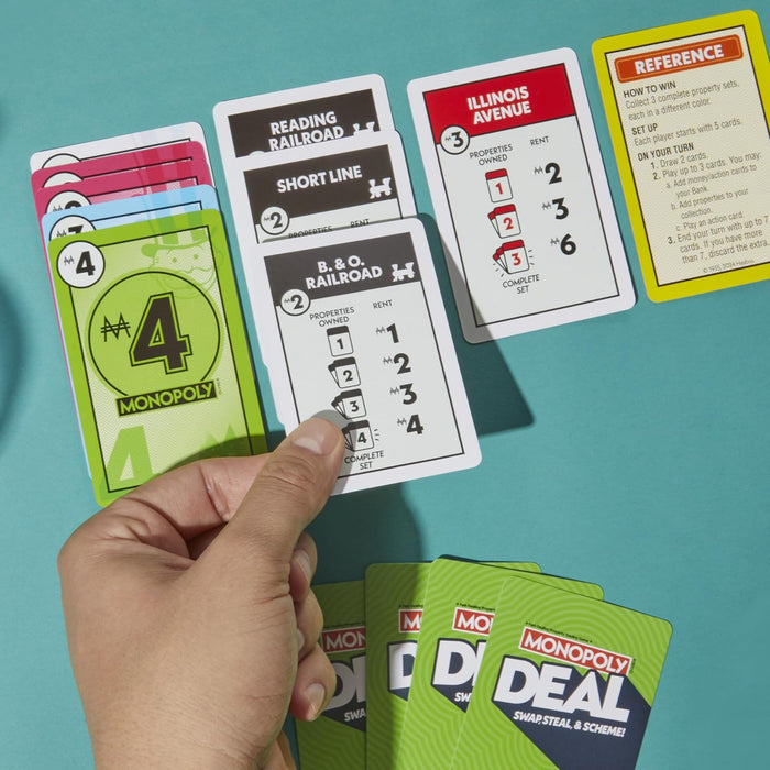 Hand holding Monopoly Deal cards, showing property, money, and reference cards against a teal background.