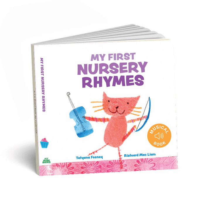 Square children's board book with a pink cat playing a blue fiddle, purple text, and orange musical book icon.