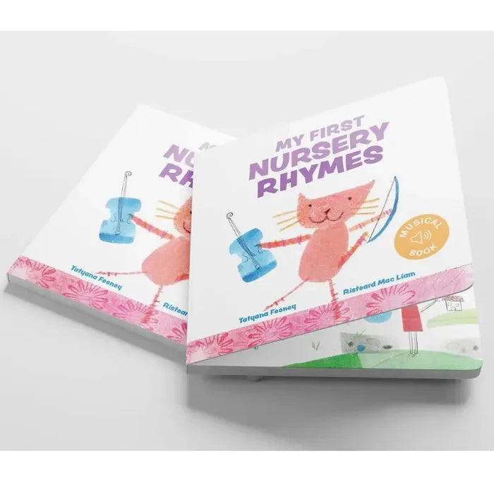 Two white musical board books titled My First Nursery Rhymes featuring a pink cat playing a blue violin.