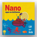 Colorful children's book cover featuring a red submarine and sea animals against a yellow and blue background.