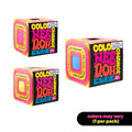 Three black boxes with vibrant graphics showing pink, blue, and yellow squishy cubes through window cutouts.