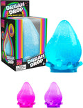 Blue, pink, and purple teardrop-shaped squeeze toys with a splash base and a colorful rainbow-themed retail box.