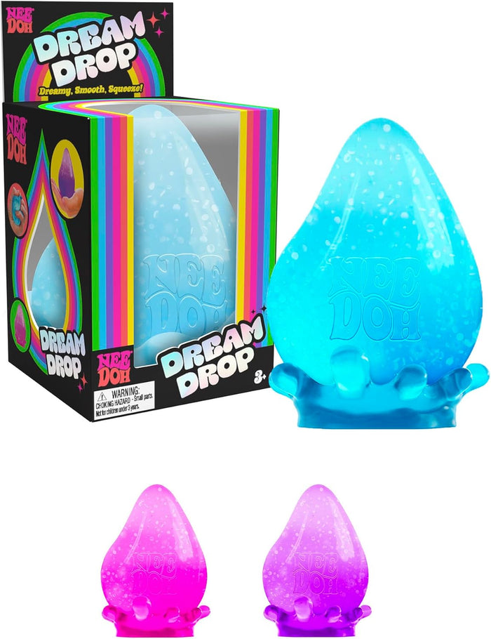 Blue, pink, and purple teardrop-shaped squeeze toys with a splash base and a colorful rainbow-themed retail box.
