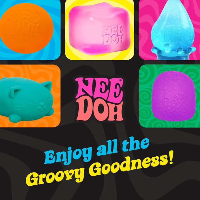 Collage of colorful NeeDoh stress toys including a translucent blue droplet, pink cube, teal cat, and orange ball.