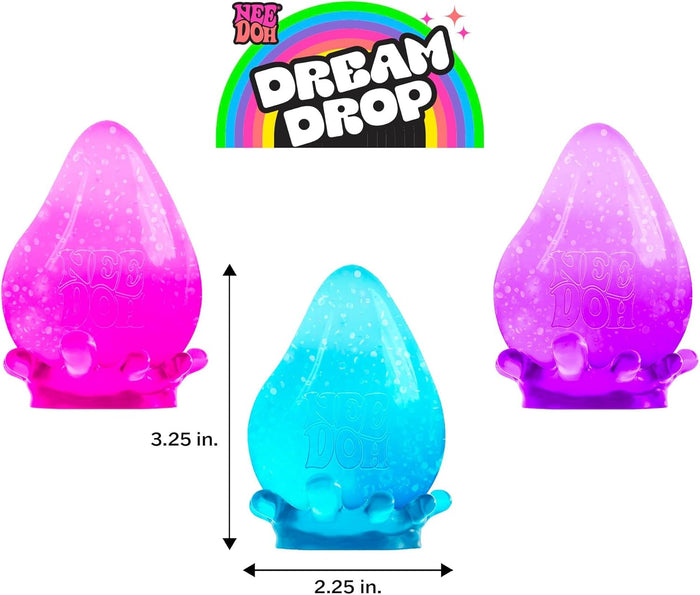 Three glittery, translucent teardrop-shaped toys in pink, blue, and purple with splash-style bases.