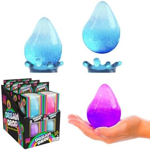 Shimmering blue and purple teardrop sensory toys with splash bases, shown individually and in a retail display box.
