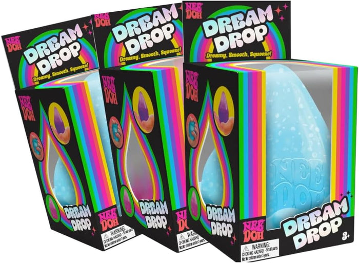 Translucent blue teardrop squishy toy inside black packaging with vibrant rainbow stripes and bubble text.