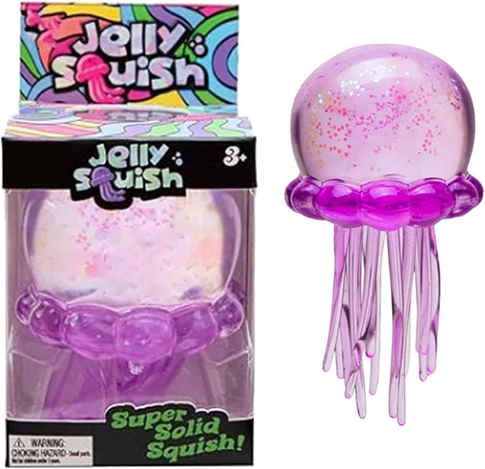 Purple glittery jellyfish squishy toy with long tentacles shown beside its colorful Jelly Squish retail packaging.
