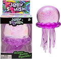 Purple glittery jellyfish squishy toy with long tentacles shown beside its colorful Jelly Squish retail packaging.
