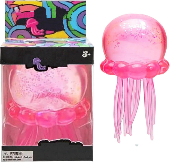 Translucent pink jellyfish squishy with glitter inside, shown next to its colorful, patterned display box.