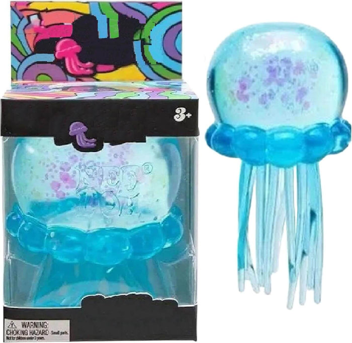 Translucent blue jellyfish toy with purple speckles and long tentacles, pictured with its colorful patterned box.