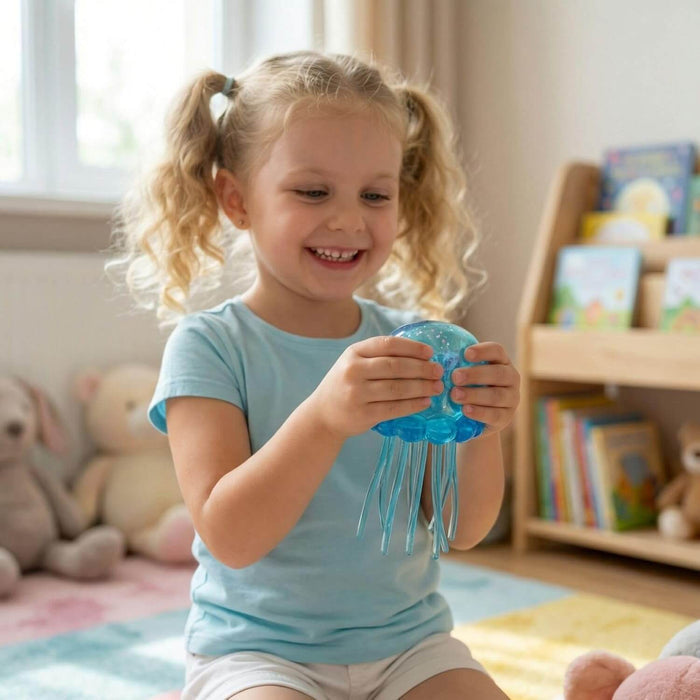 Smiling girl squeezing a blue translucent jellyfish toy with long, stretchy tentacles.