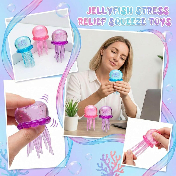 Blue, pink, and purple glittery jellyfish toys with long tentacles being squeezed and stretched by hands.