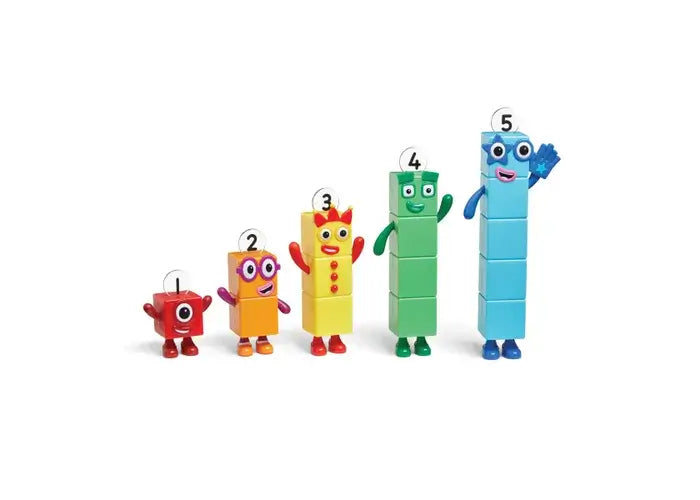 Red, orange, yellow, green, and blue block figures numbered 1-5, standing in ascending order by height.