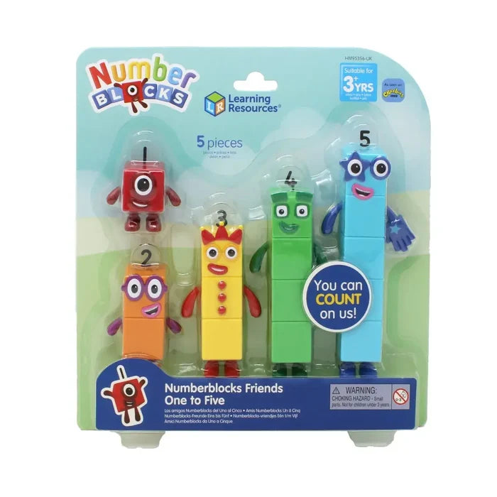 Five colorful block characters with faces and limbs, numbered 1 to 5, in a clear plastic blister pack.