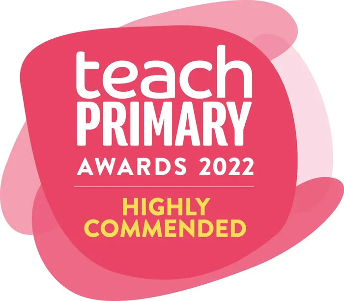 Pink blob award seal with white and yellow text: Teach Primary Awards 2022, Highly Commended.
