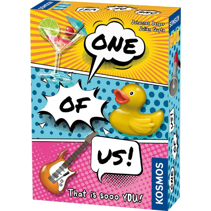 Vibrant pop art board game box featuring a yellow rubber duck, cocktail glass, and guitar in comic speech bubbles.
