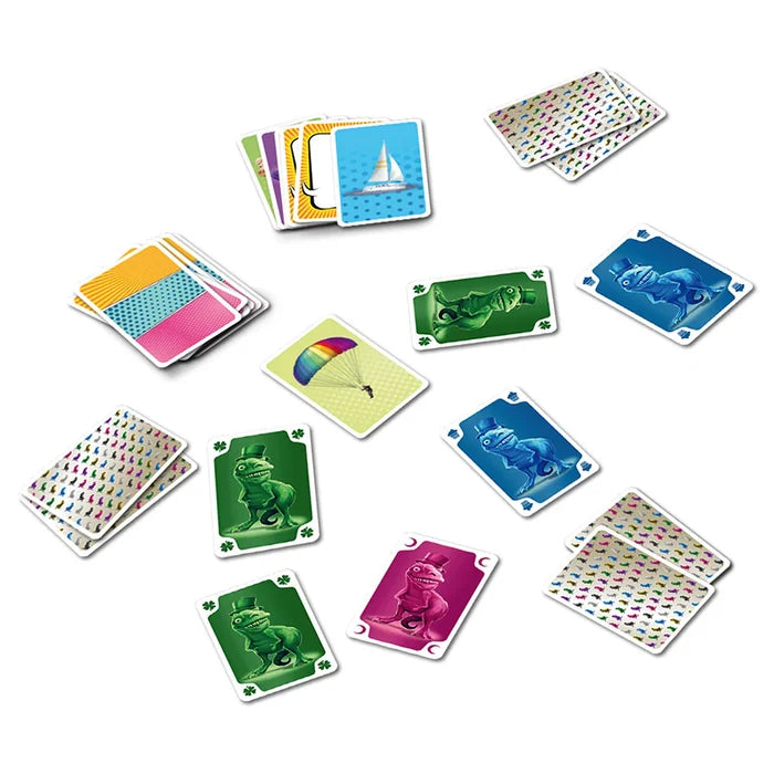 Colorful card game featuring dinosaurs in top hats, sailboats, and vibrant patterns on a white background.