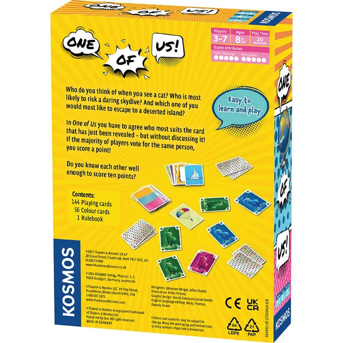 Yellow game box back with comic-style speech bubbles, game info, and illustrations of various colorful play cards.