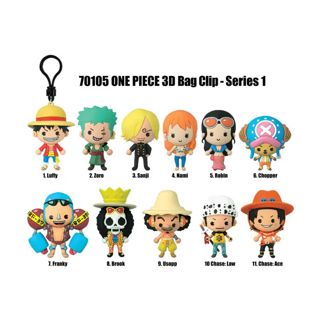 Eleven colorful, stylized 3D One Piece character figurines in two rows, with one attached to a black bag clip.