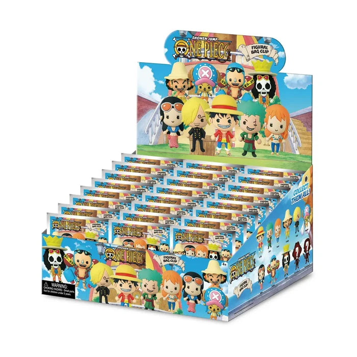 Display box of One Piece mystery bags featuring colorful chibi-style Straw Hat pirate character artwork.