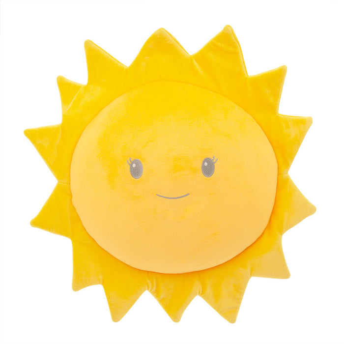 Bright yellow sun-shaped plush cushion with an embroidered smiling face and soft triangular rays.