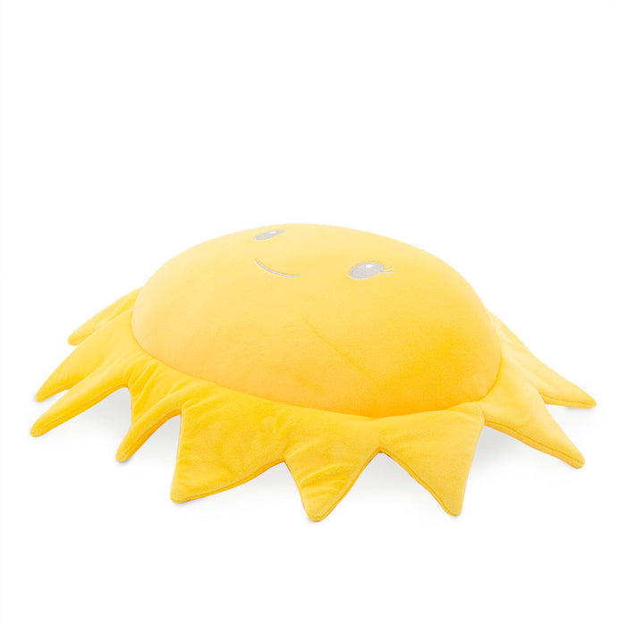Yellow sun-shaped plush pillow with an embroidered smile and soft pointed rays.