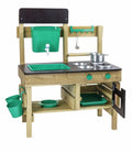Wooden outdoor play kitchen with a green sink, water tank, stovetop with pot, and hanging buckets.