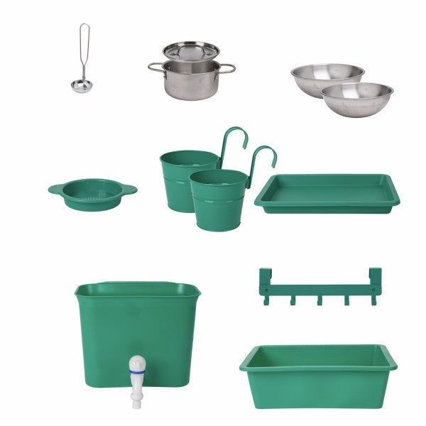 Green and silver toy kitchen tools: pot, bowls, ladle, water tank with tap, buckets, and plastic storage basins.