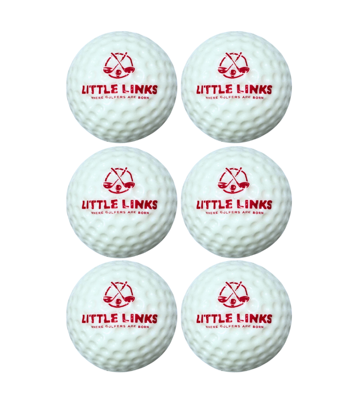 Six white dimpled foam golf balls with a red Little Links logo, arranged in two columns of three.