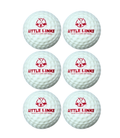 Six white dimpled foam golf balls with a red Little Links logo, arranged in two columns of three.