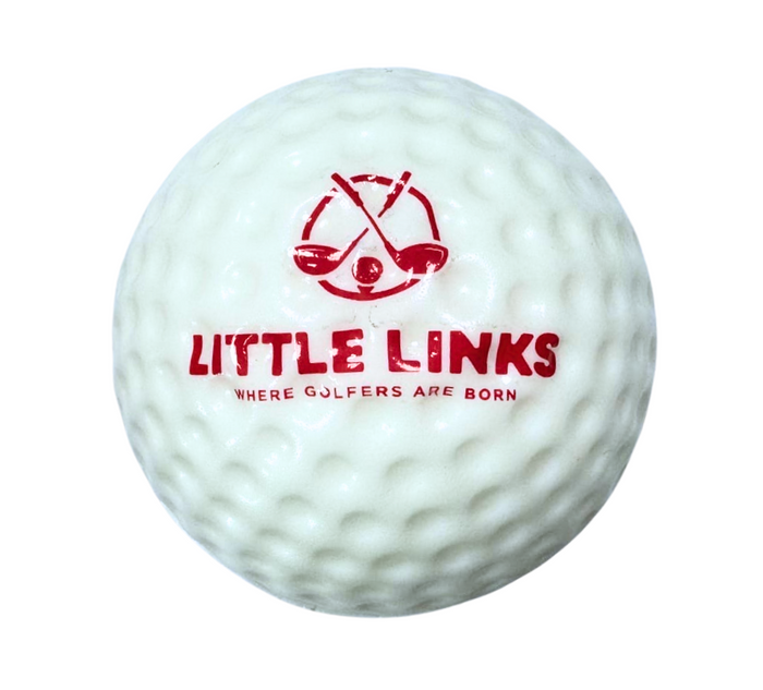 White dimpled foam golf ball with a red logo featuring crossed golf clubs and the words Little Links.