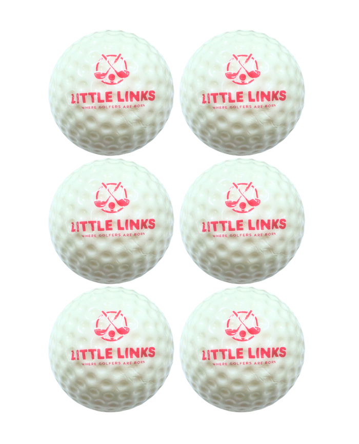Six white dimpled foam balls with red Little Links logos and crossed clubs, arranged in three rows of two.